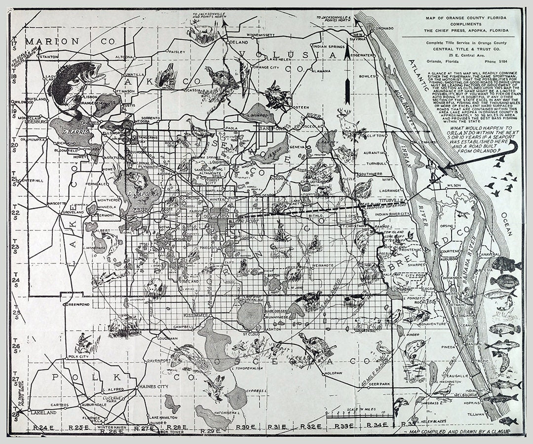 1920 Map of Orange County Florida Orlando