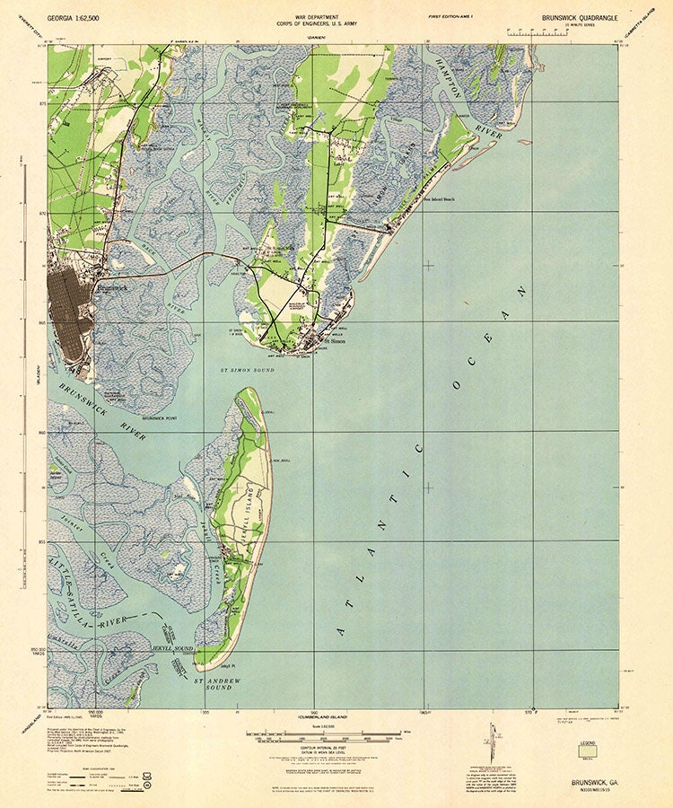 1945 Topo Map of Saint Simons Island Brunswick Georgia Quadrangle