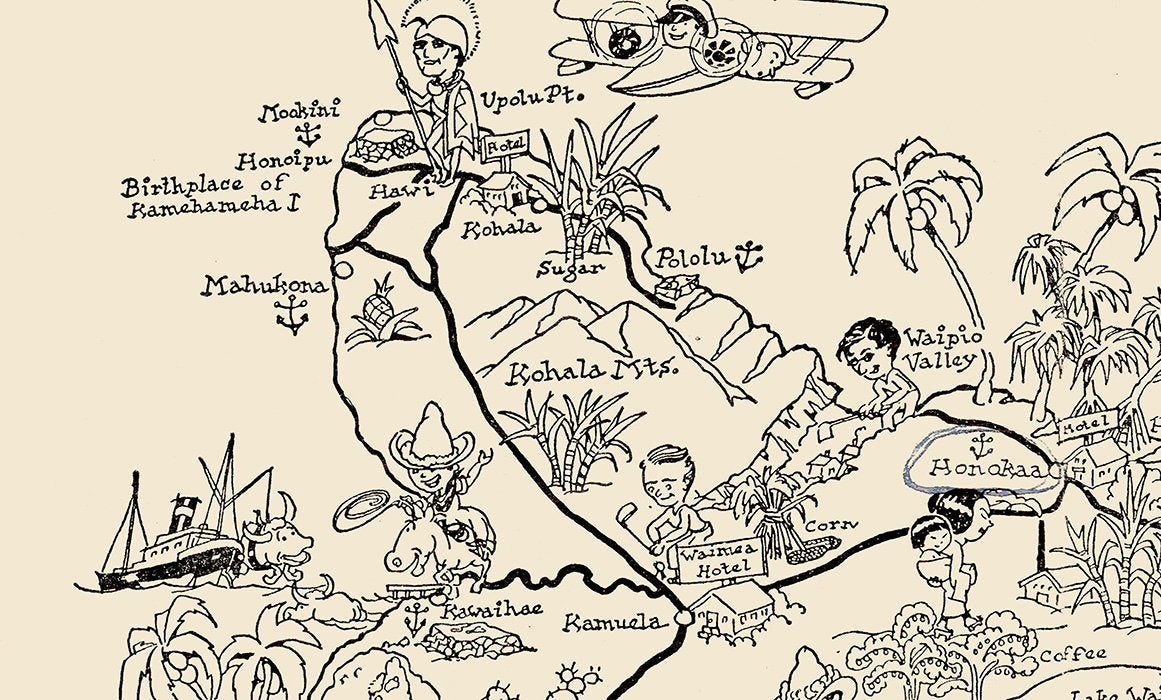 1937 Cartoon Map of The Big Island of Hawaii