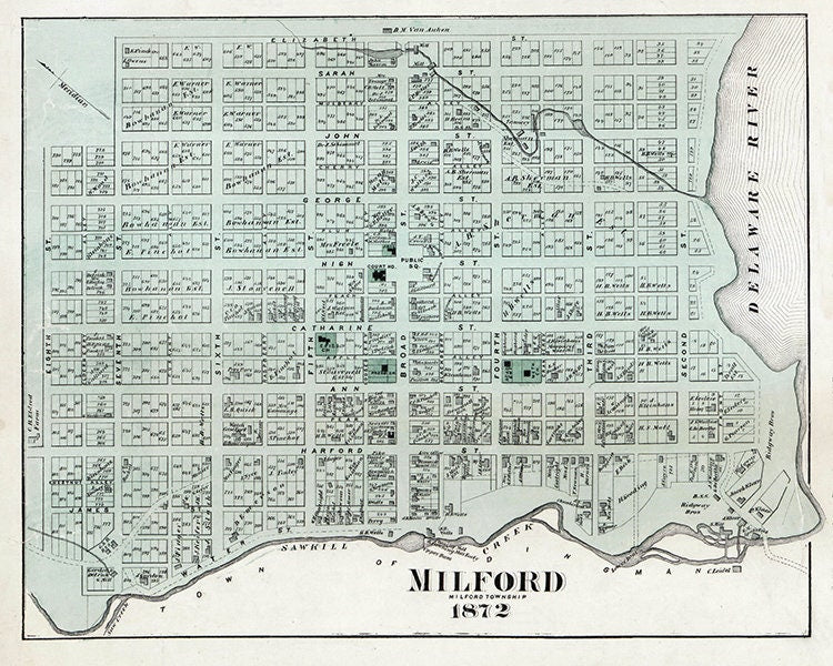 1872 Town Map of Milford Pike County PA