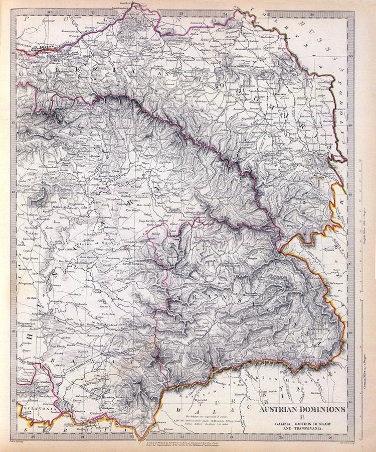 1832 Map of Austrian Dominions Galizia Eastern Hungary and Transylvania