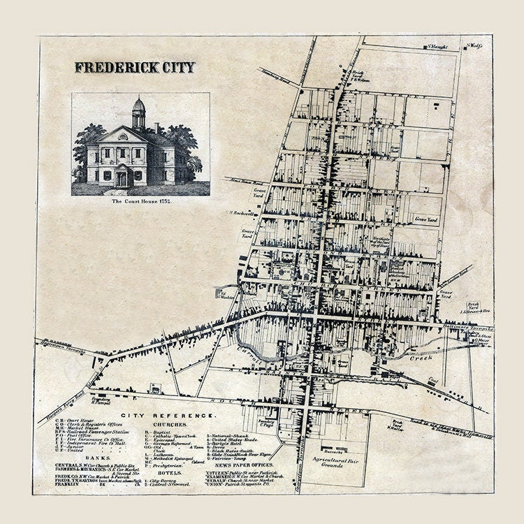 1858 Map of Frederick City Frederick County Maryland