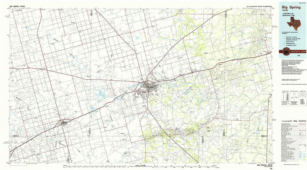 1986 Topo Map of Big Spring Texas Brown Coahoma Staton