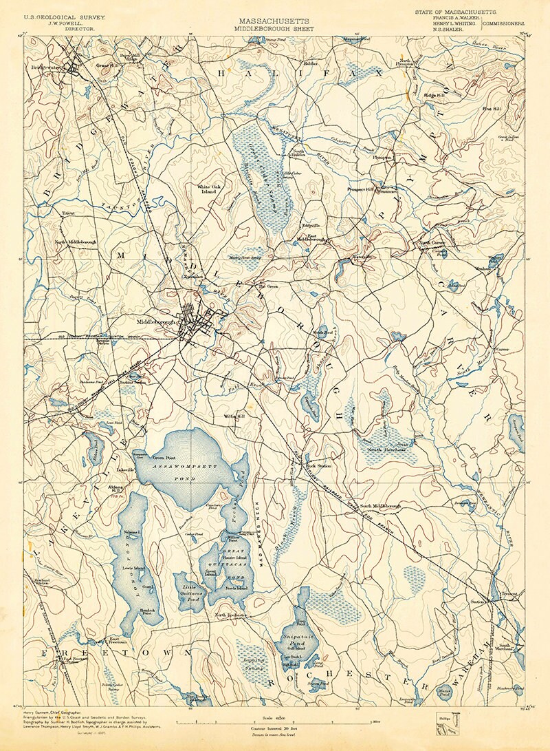 1885 Topo Map of Middleborough Massachusetts