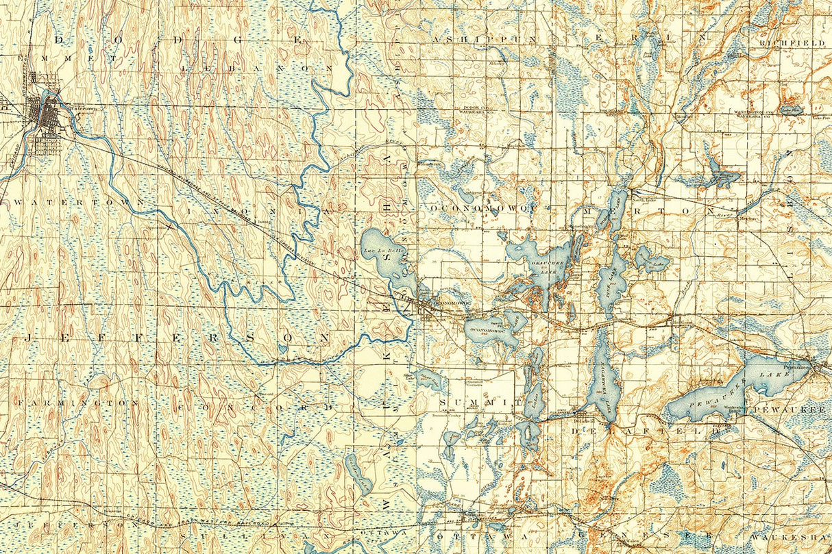 1909 Map of Oconomowoc Wisconsin Lakes and Watertown