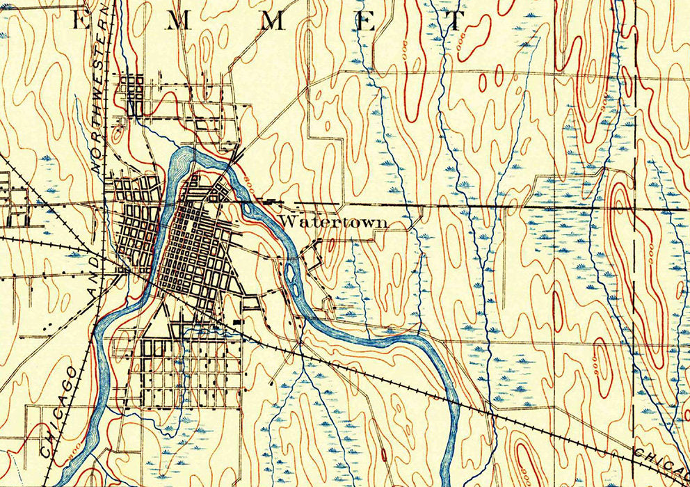 1909 Map of Oconomowoc Wisconsin Lakes and Watertown