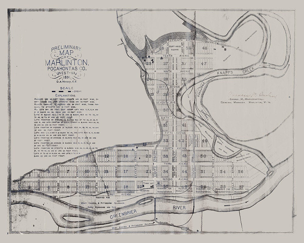 1891 Map of Marlinton Pocahontas County West Virginia