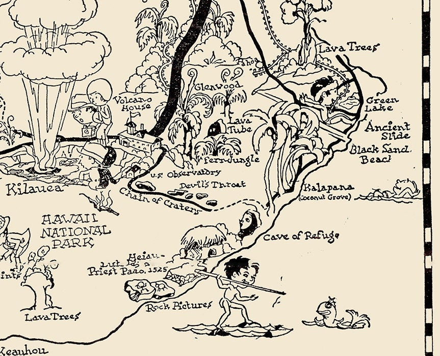 1937 Cartoon Map of The Big Island of Hawaii