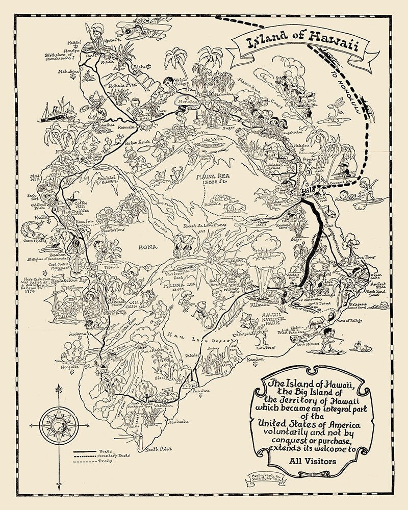 1937 Cartoon Map of The Big Island of Hawaii