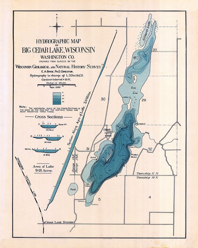 1899 Map of Big Cedar Lake Washington County Wisconsin