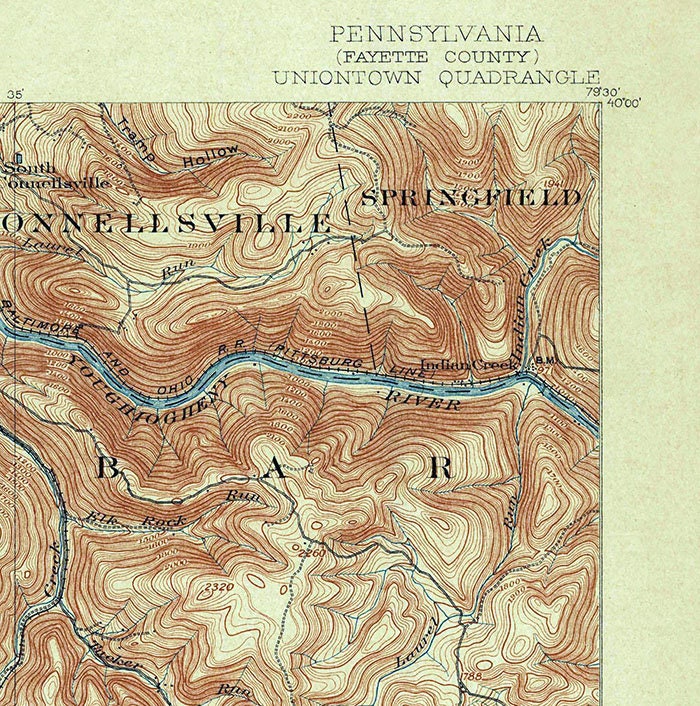 1900 Topo Map of Uniontown Pennsylvania Fayette County Brownfield
