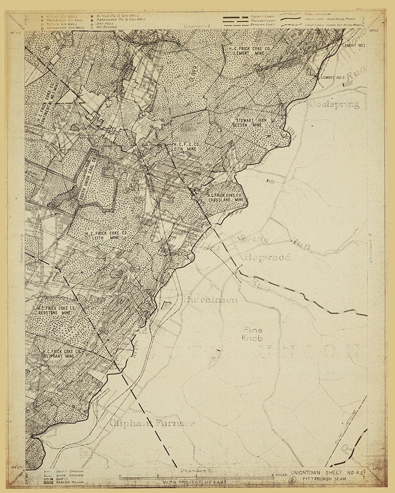 1934 Oil and Gas Coal Mine Map of the Uniontown Quad Fayette County PA