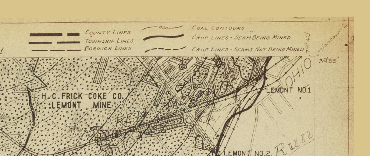 1934 Oil and Gas Coal Mine Map of the Uniontown Quad Fayette County PA