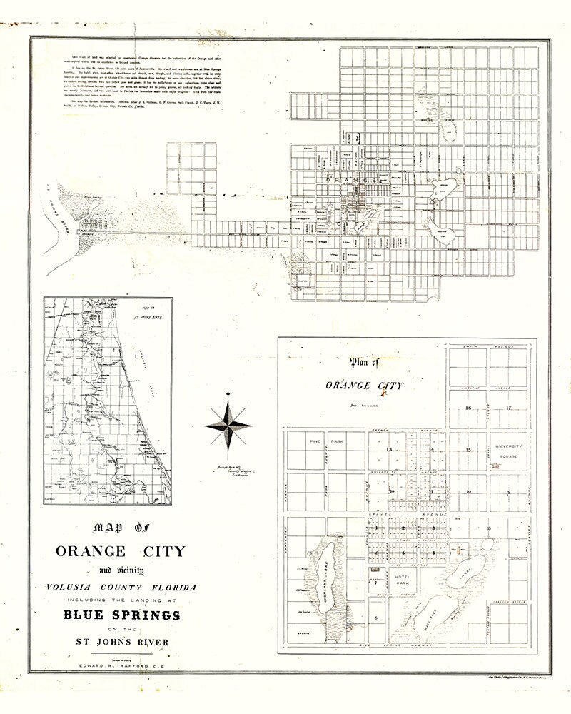 1877 Map of Orange City Volusia County Florida Blue Springs Saint Johns River