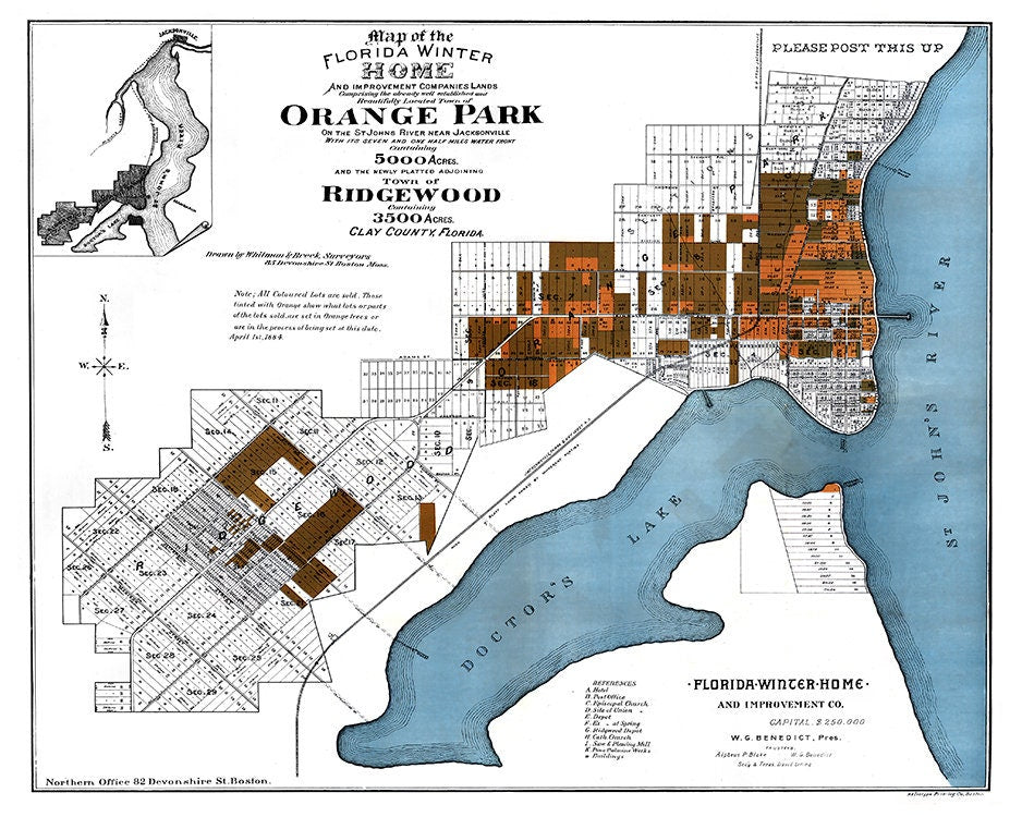 1884 Map of Orange Park Clay County Florida Jacksonville