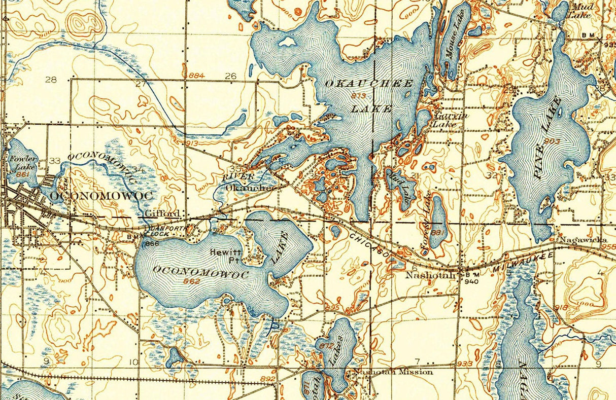 1909 Map of Oconomowoc Wisconsin Lakes and Watertown