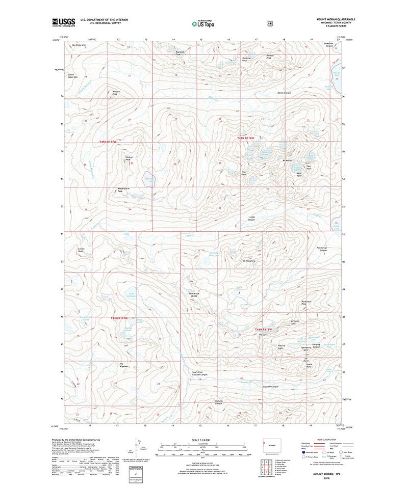 2018 Topo Map of Mount Moran Teton County Wyoming Lake Solitude