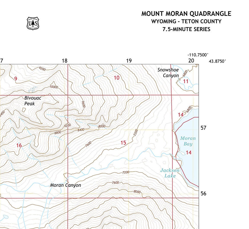 2018 Topo Map of Mount Moran Teton County Wyoming Lake Solitude