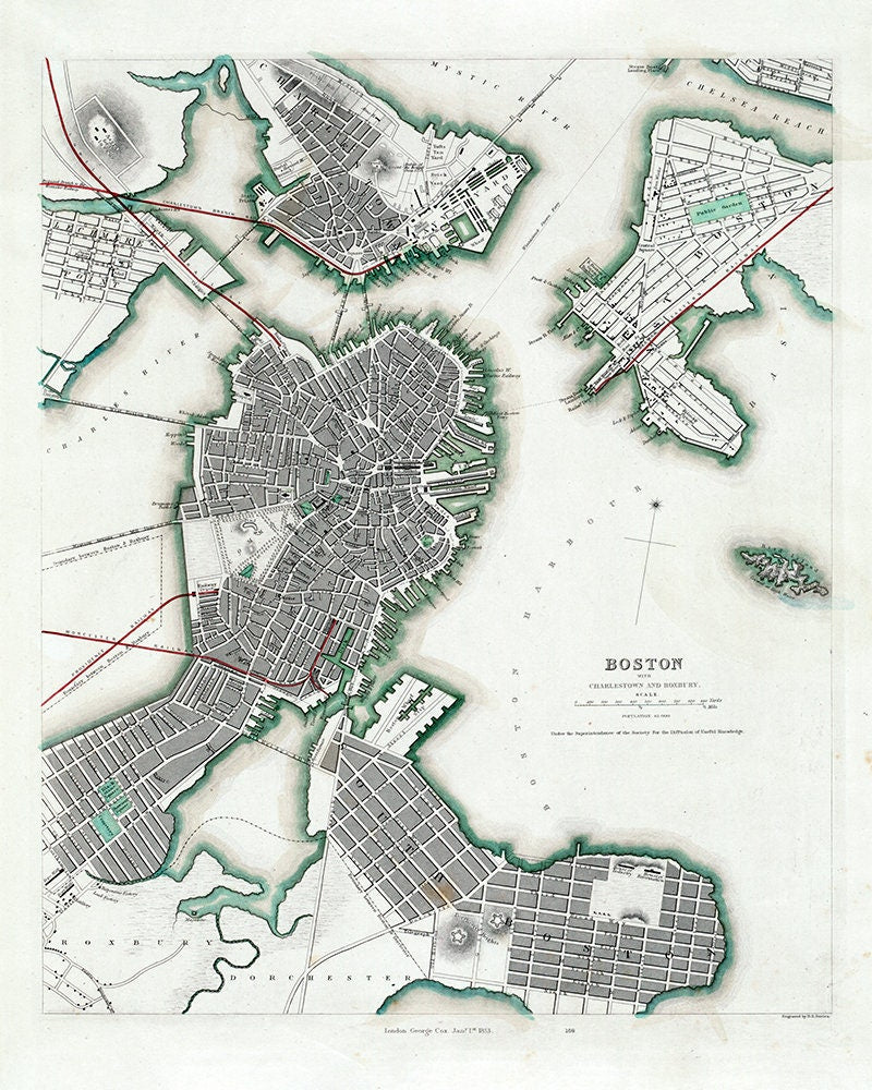 1853 Map of Boston Charlestown and Roxbury Massachusetts