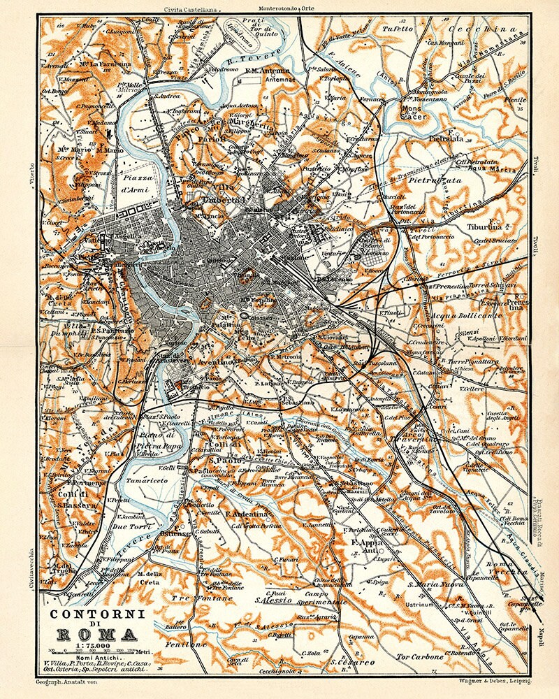 1910 Map of Rome Italy and Environs by Baedeker