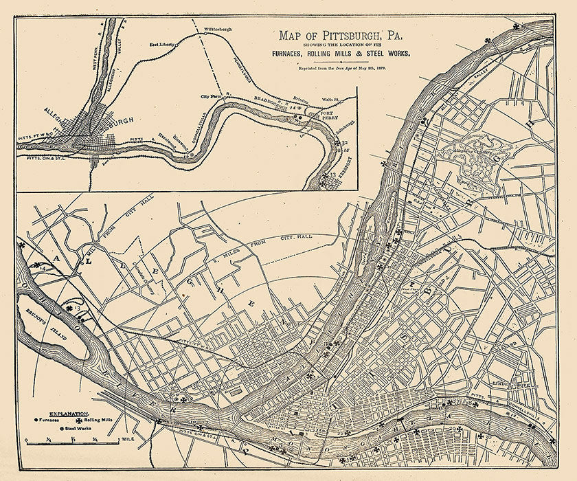 1879 Map of Pittsburgh Pennsylvania Furnaces Mills Steel Works