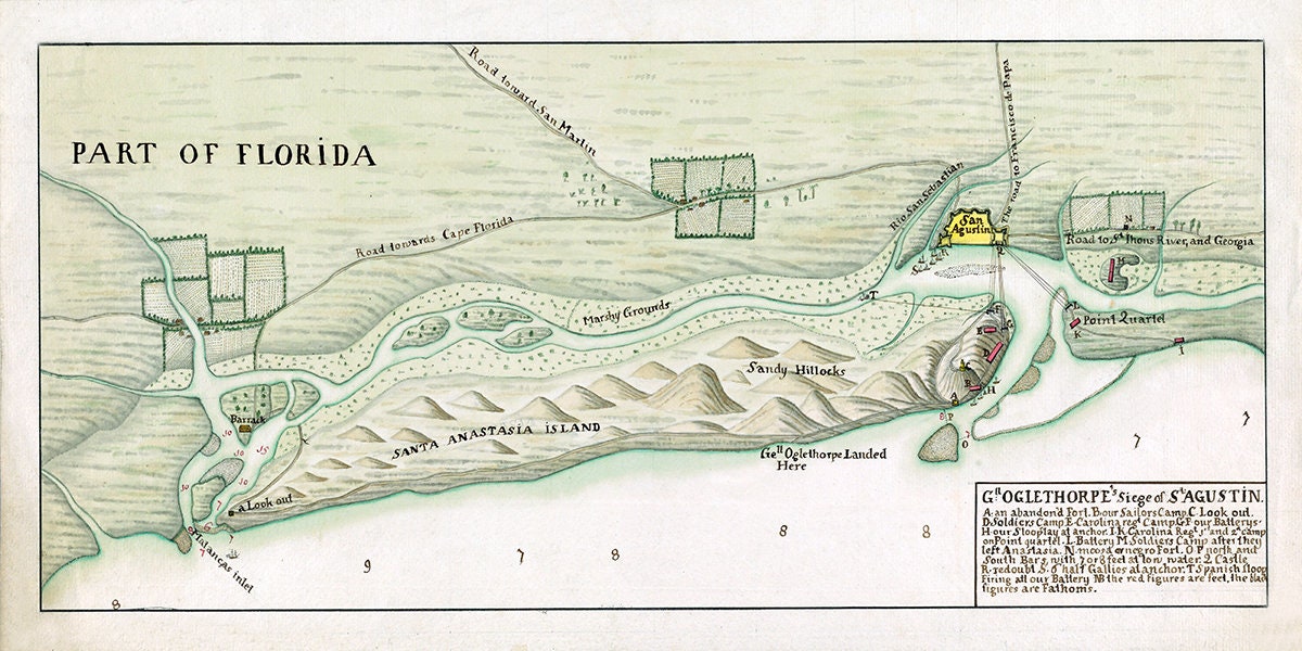 1744 Plan Map of Saint Augustine Florida Anastasia Island Matanzas Inlet