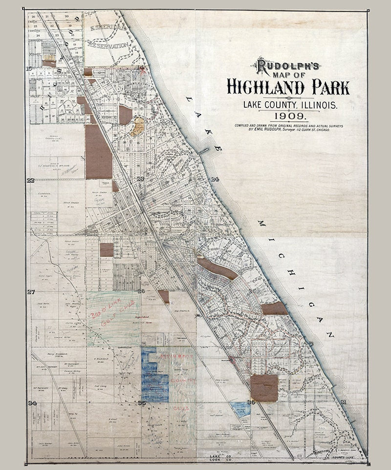 1909 Map of Highland Park Lake County Illinois