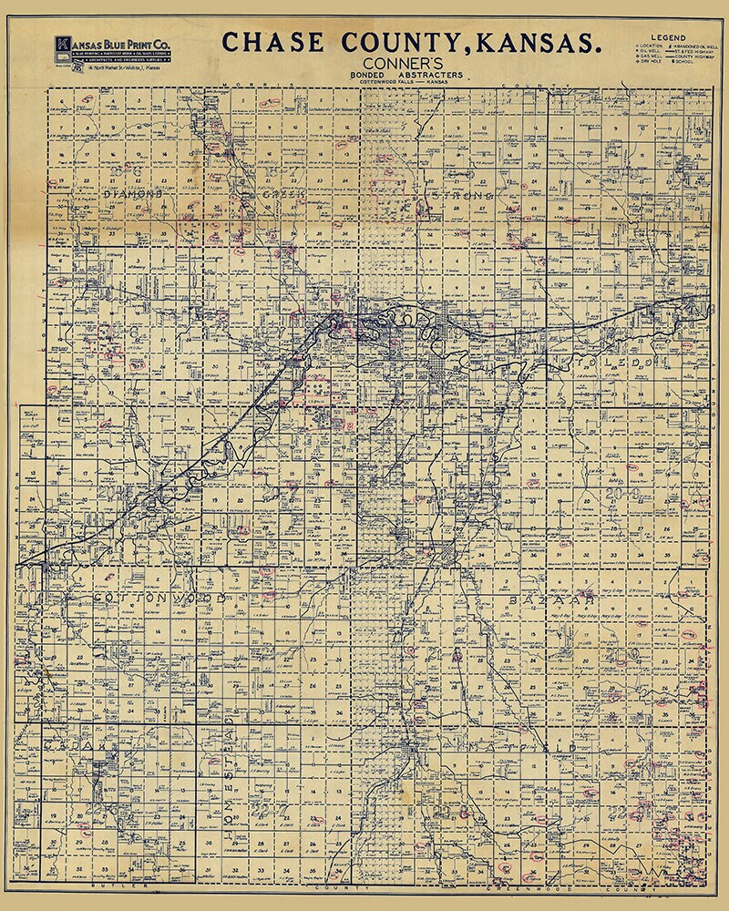 Chase County Kansas Farm Line Map of Oil & Gas Wells Early 1900s