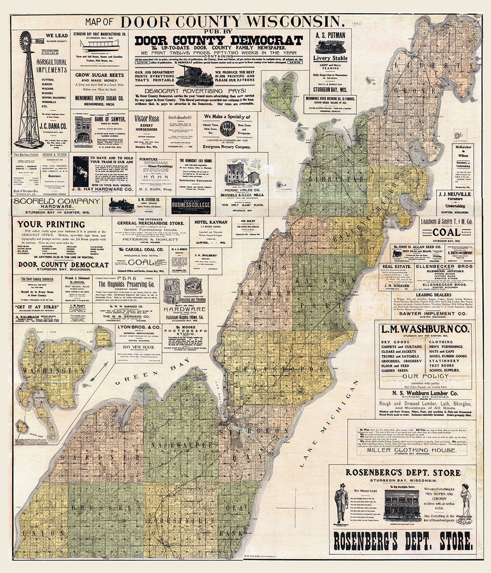 1905 Farm Line Map of Door County Wisconsin