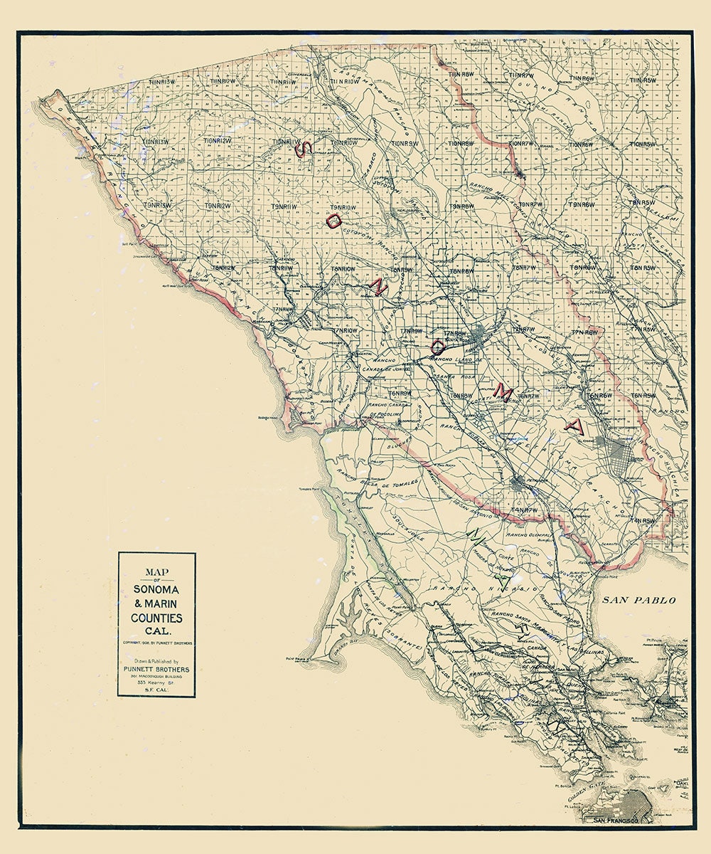 1908 Map of Sonoma and Marin County California