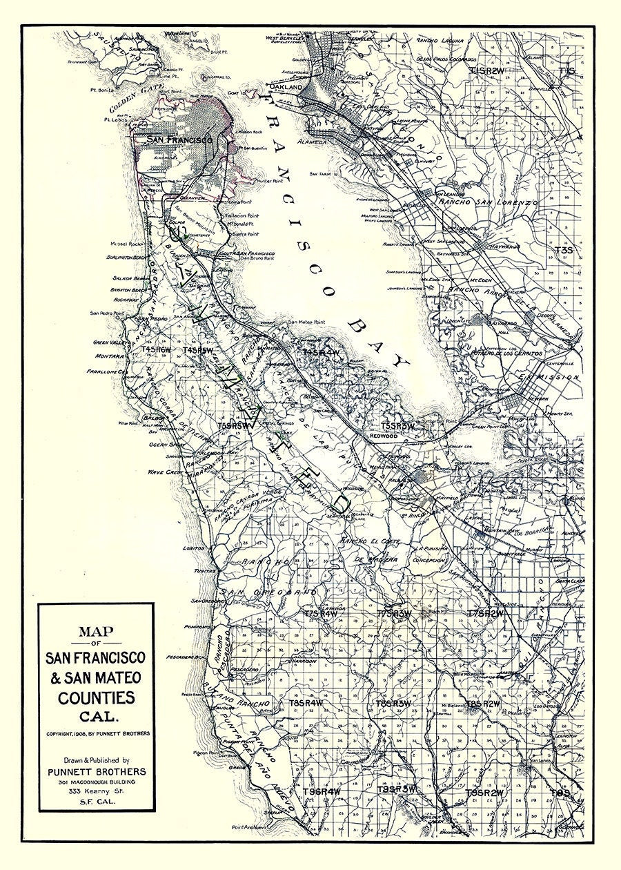 1908 Map of San Francisco and San Mateo County California