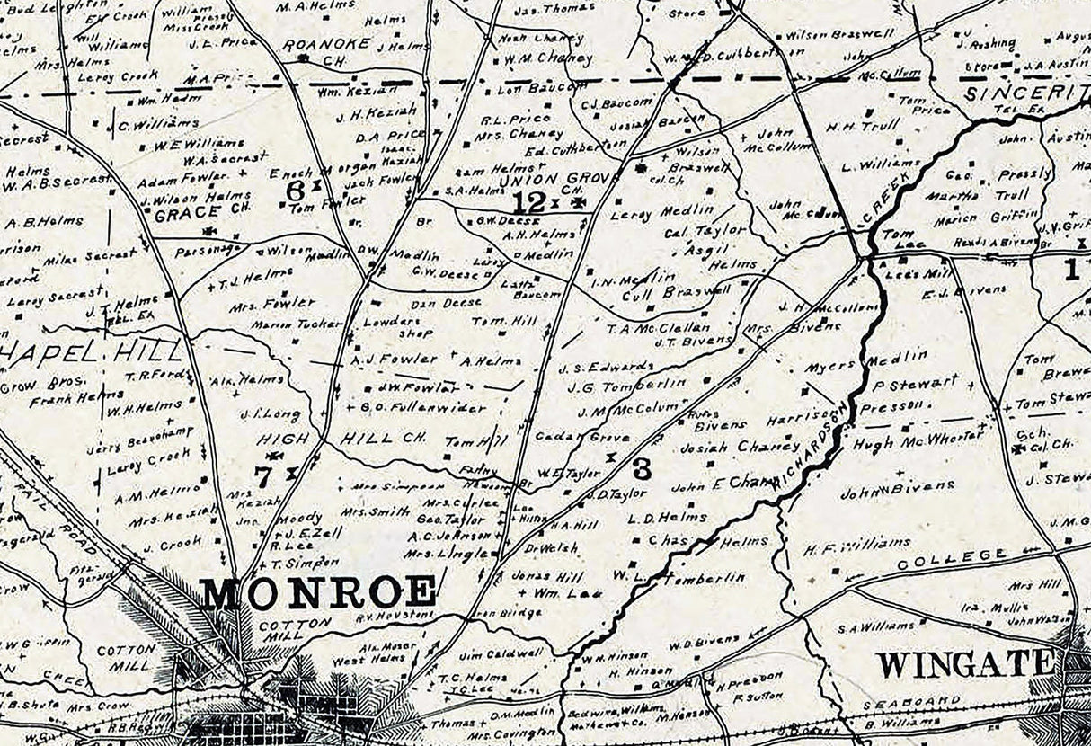 1907 Map of Union County North Carolina Monroe