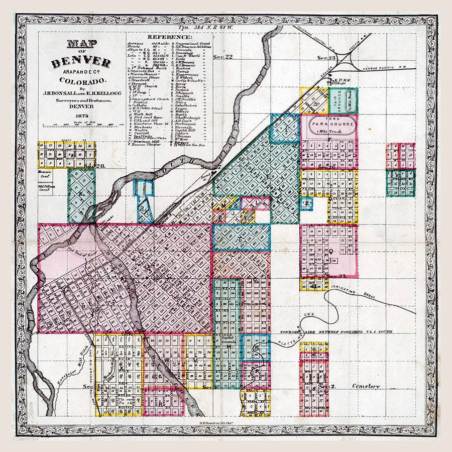 1872 Map of Denver Arapahoe County Colorado