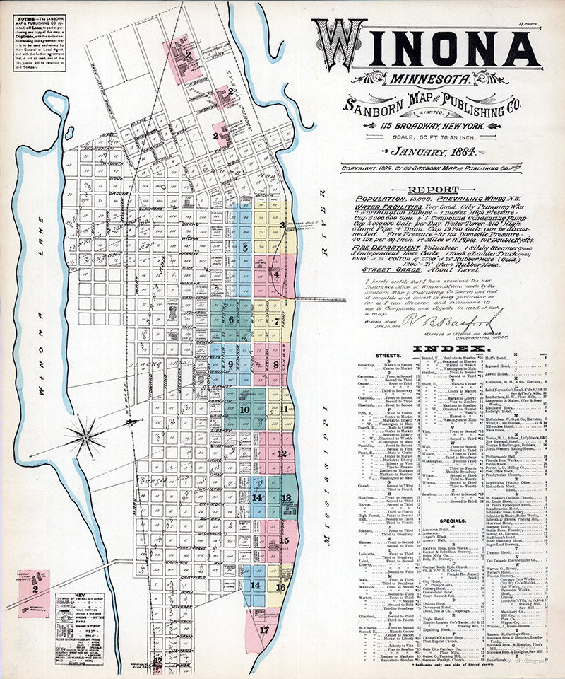 1884 Town Map of Winona Winona County Minnesota