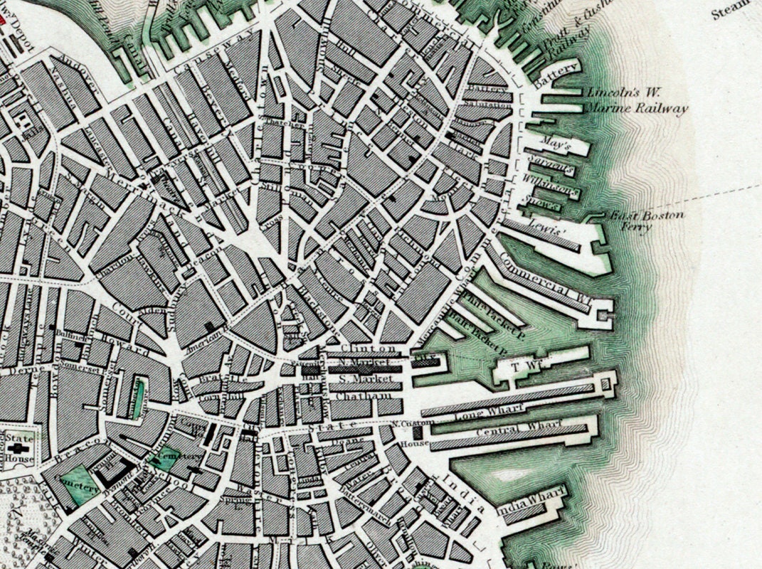 1853 Map of Boston Charlestown and Roxbury Massachusetts