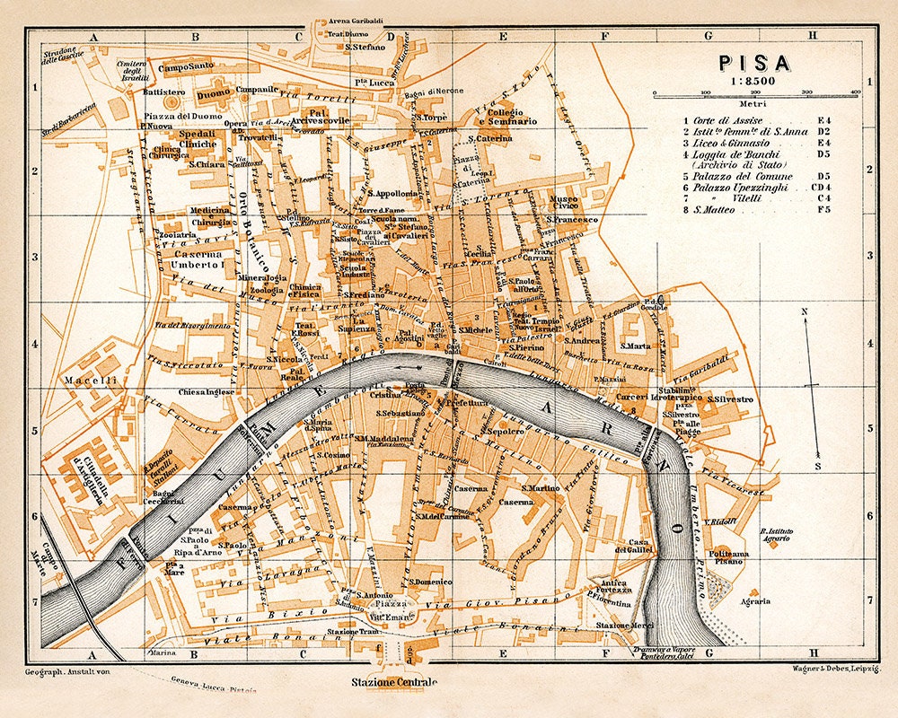 1910 Map of Pisa Italy By Baedeker