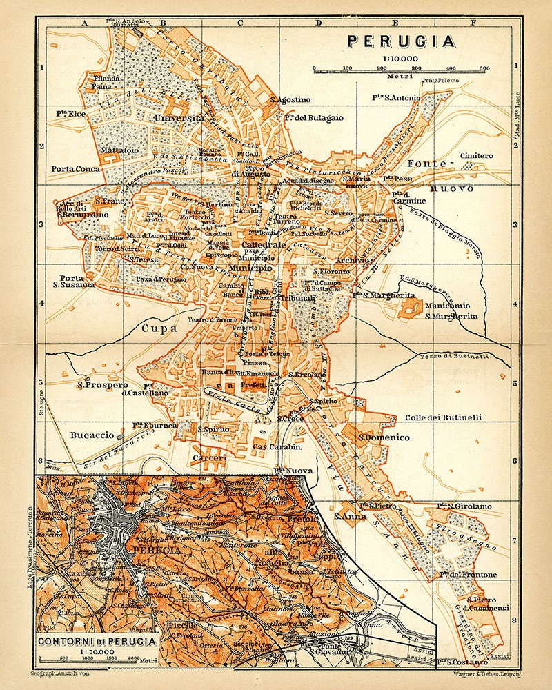 1910 Map of Perugia Italy by Baedeker