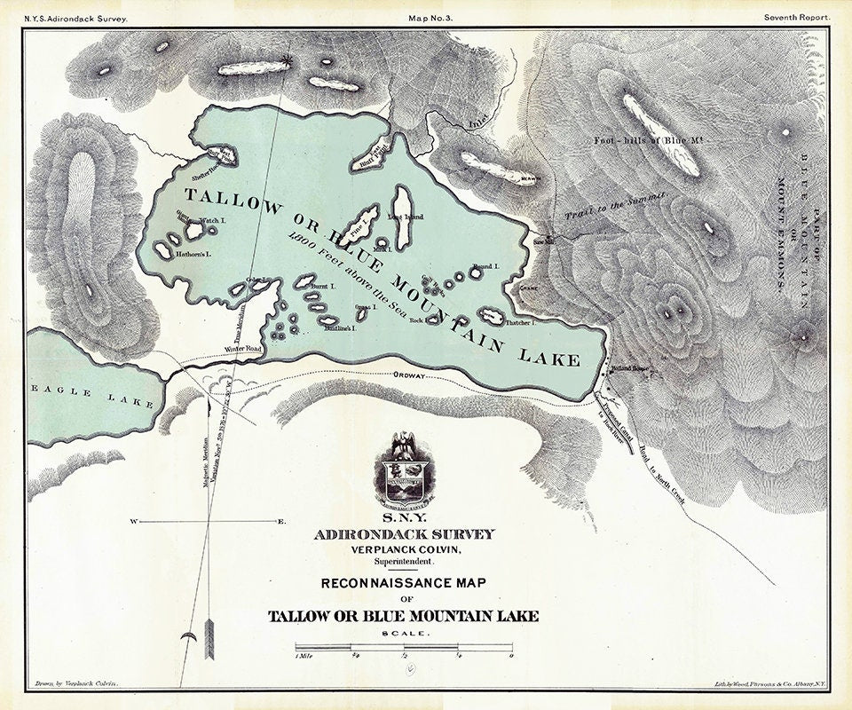 1879 Map of Tallow Or Blue Mountain Lake Hamilton County New York