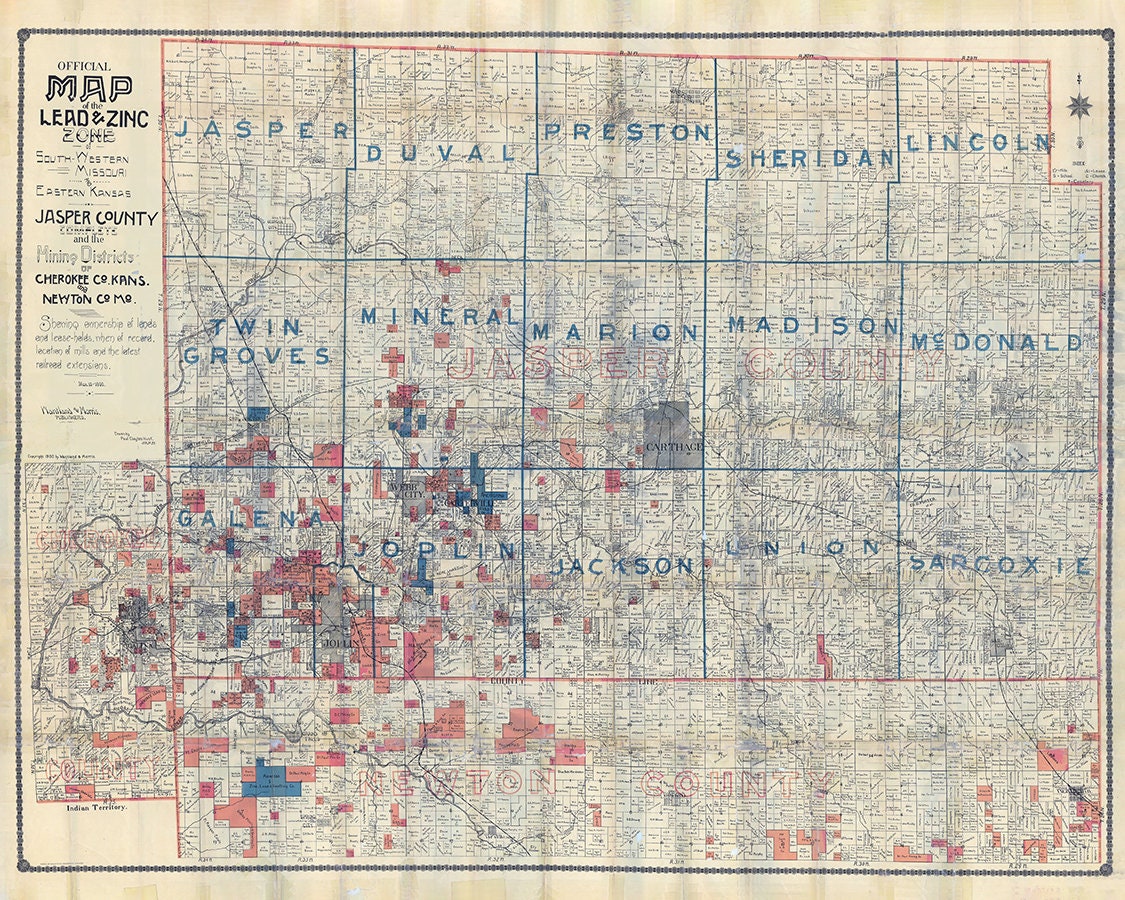 1900 Farm Line & Mining Map of Jasper County Missouri and Adjoining Counties
