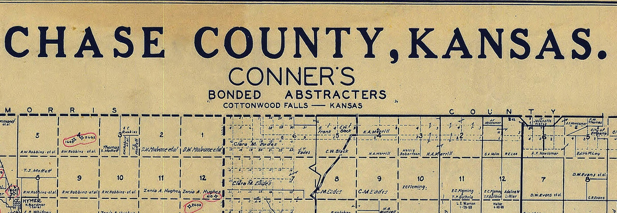 Chase County Kansas Farm Line Map of Oil & Gas Wells Early 1900s