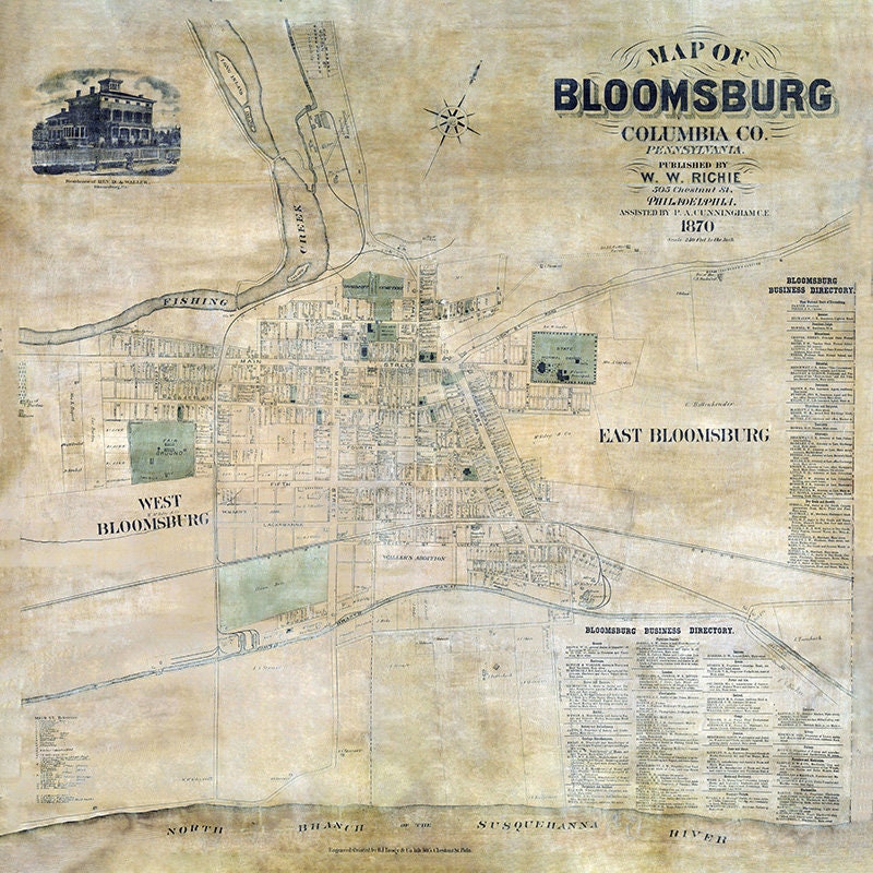 1870 Map of Bloomsburg Columbia County Pennsylvania