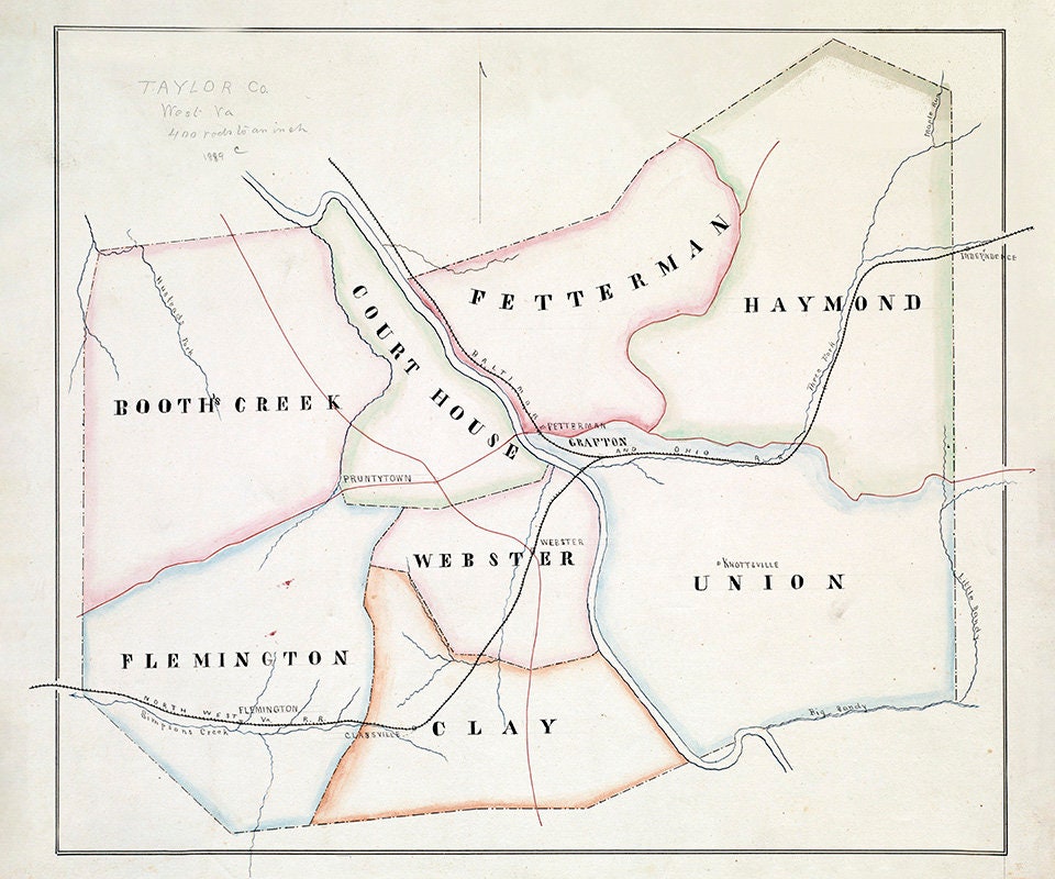 1889 Map of Taylor County West Virginia