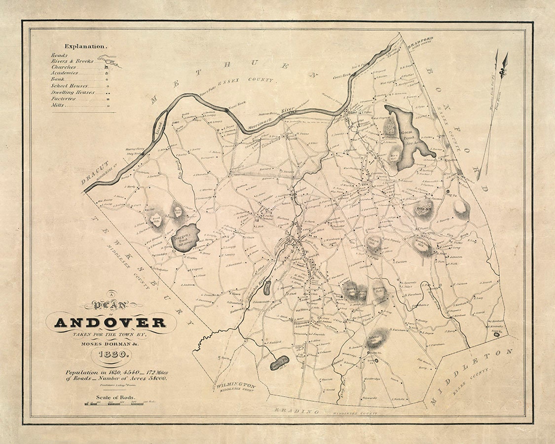 1830 Map of Andover Essex County Massachusetts