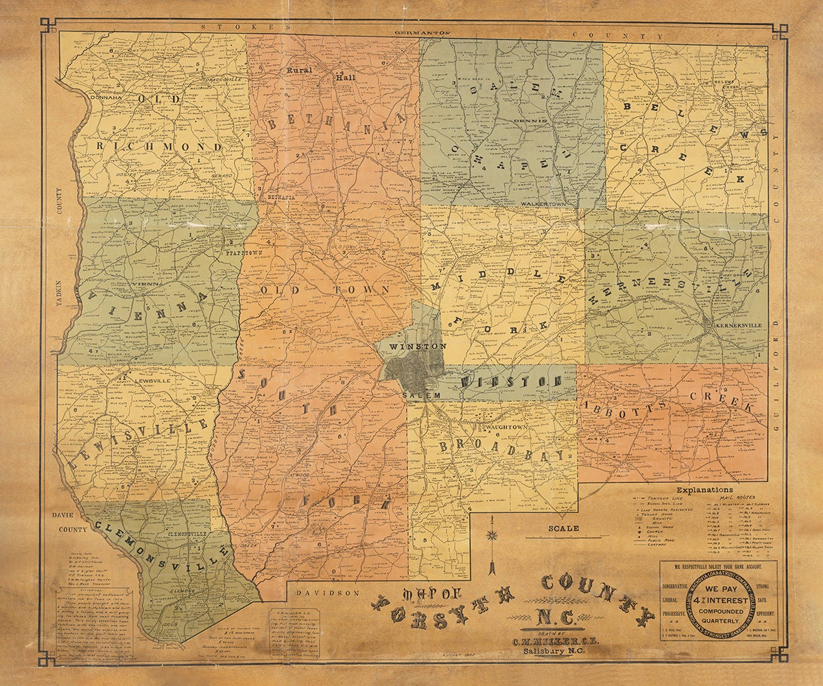 1907 Map of Forsyth County North Carolina