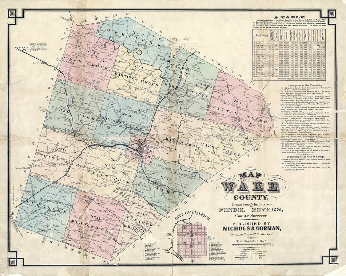 1871 Map of Wake County North Carolina