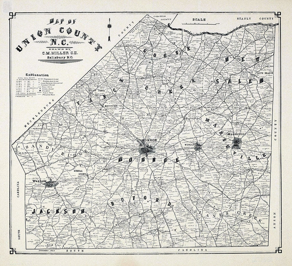 1907 Map of Union County North Carolina Monroe
