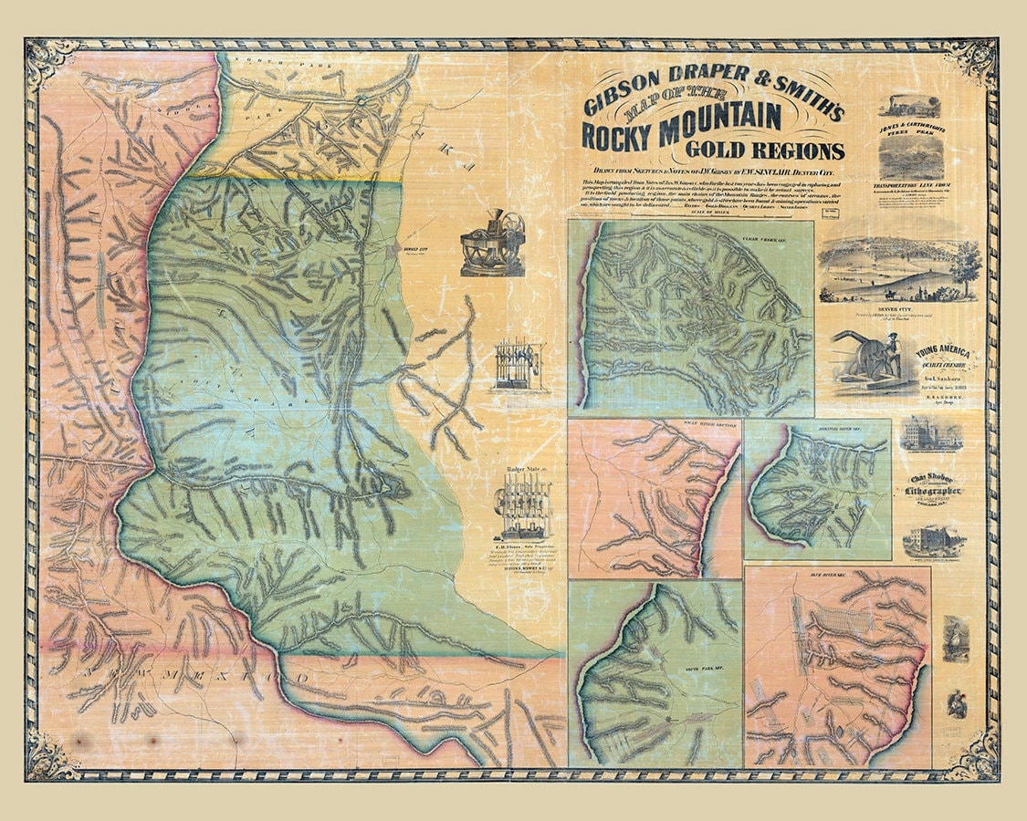 1861 Map of the Rocky Mountain Gold Regions Colorado