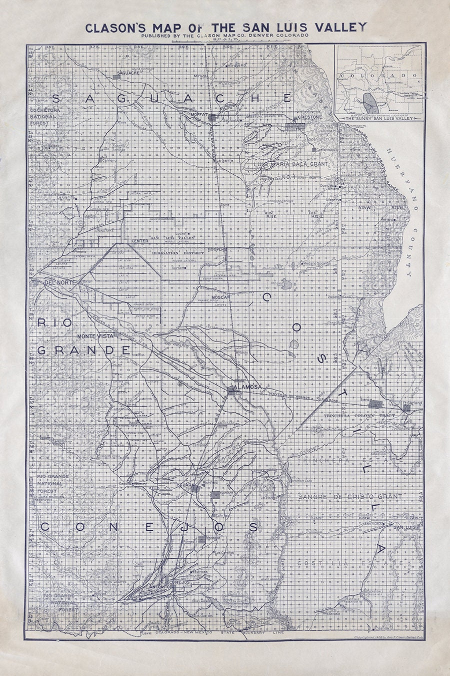 1908 Map of The San Luis Valley Alamosa County Colorado