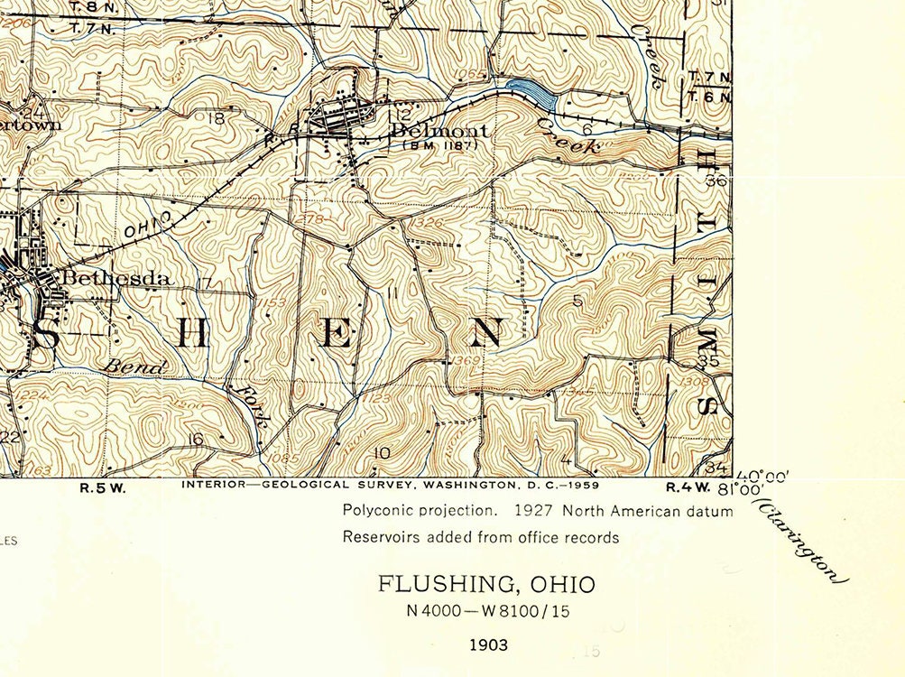 1903 Topo Map of Flushing Ohio Piedmont Reservoir