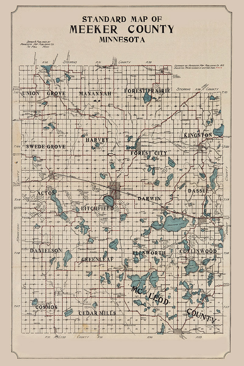 1913 Map of Meeker County Minnesota